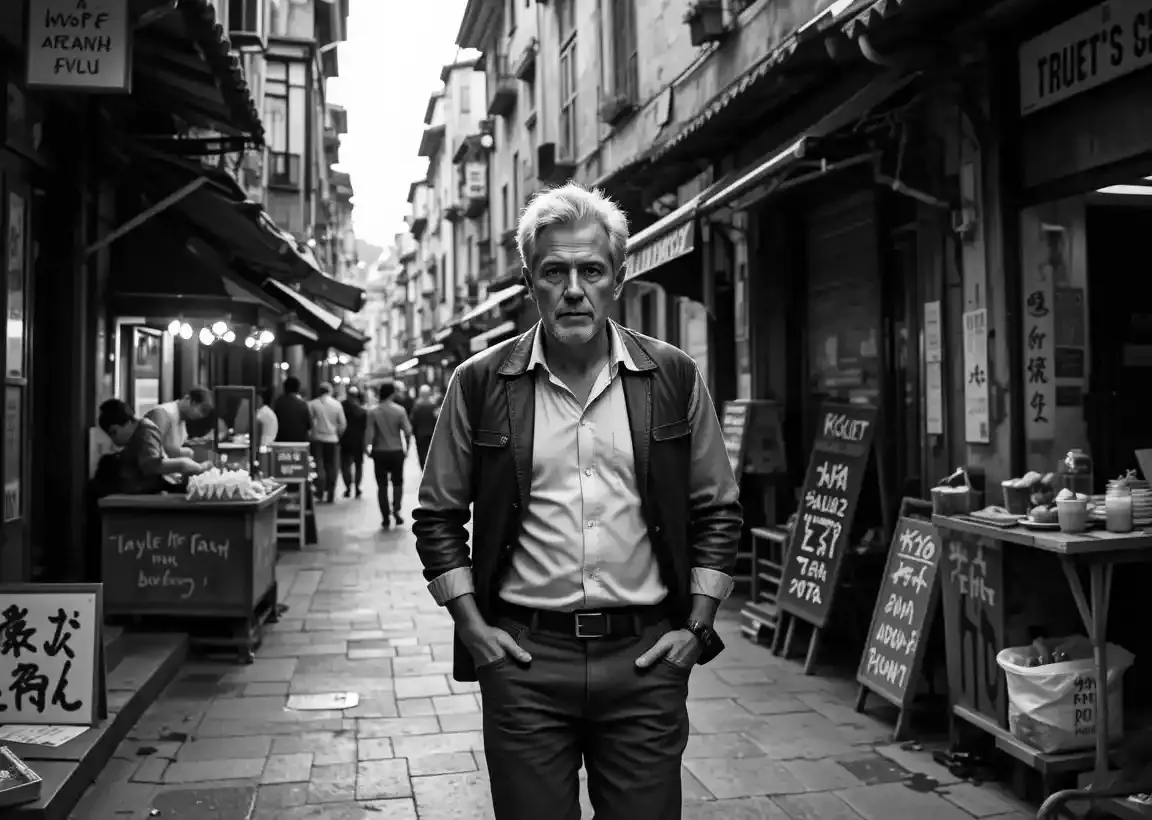 Anthony Bourdain Quotes on Life: A black-and-white photo of Bourdain walking through a foreign street with the quote “If you're twenty-two… I urge you to travel.”