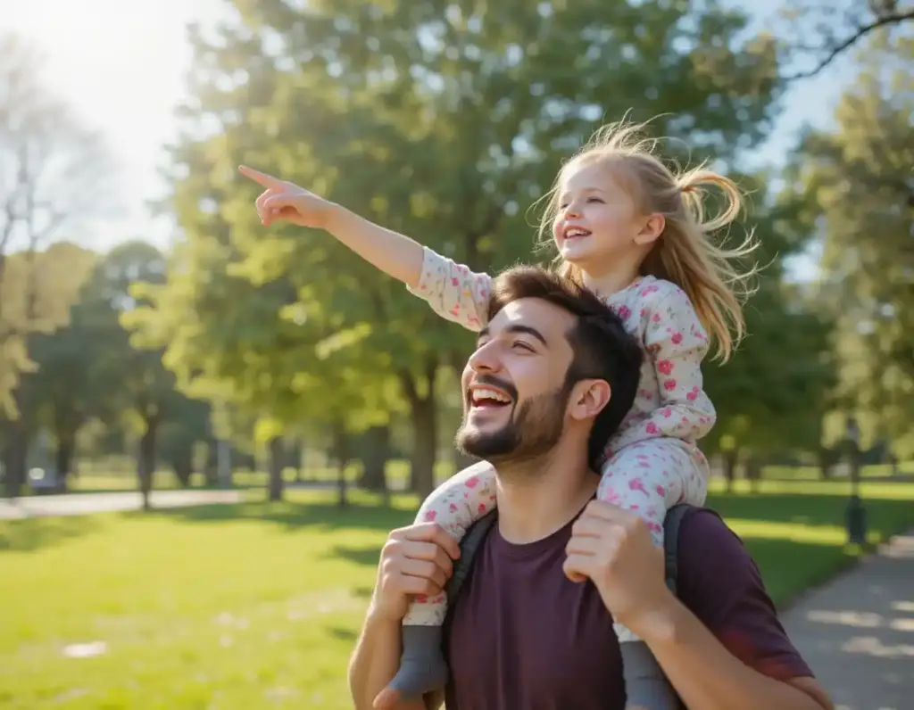 A father carrying his daughter on his shoulders through a park, both smiling and enjoying a sunny Father’s Day.