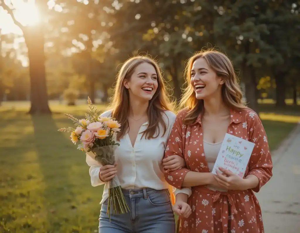 Two sisters walking together in a park at sunset, holding flowers and a birthday card, sharing a joyful moment.