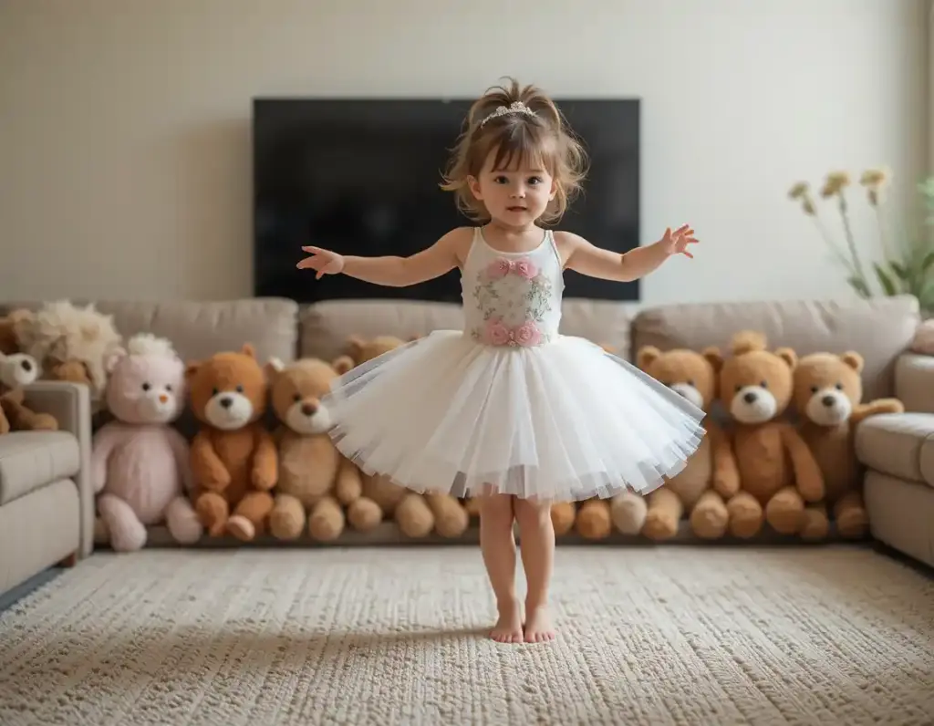 A candid scene of a little girl in a tutu dancing barefoot in a living room, twirling with her arms out.