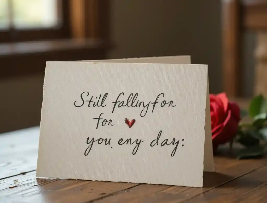 A romantic anniversary card beside a wedding photo and rose, capturing love through the years.