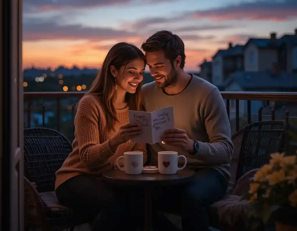 A couple sharing a quiet sunset moment on a balcony as the woman reads a heartfelt anniversary card.