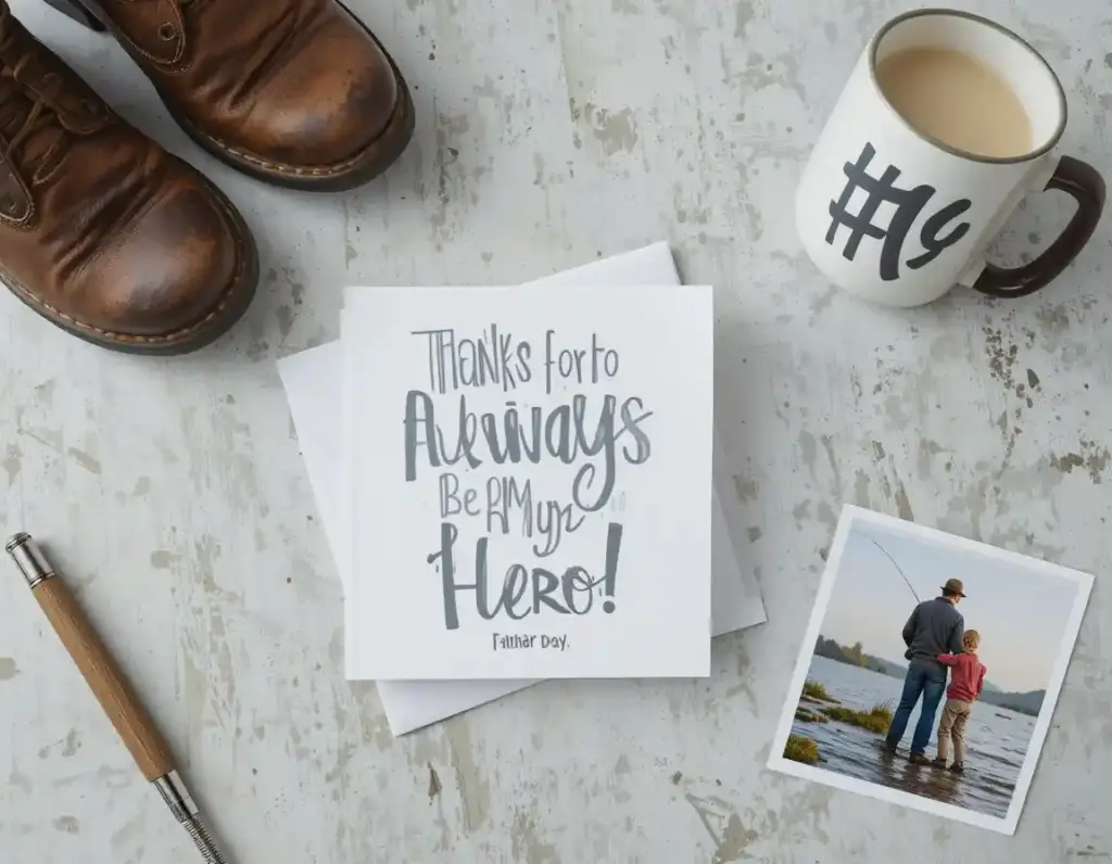A heartfelt Father’s Day card beside work boots, a “#1 Dad” mug, and a fishing photo, evoking dad nostalgia.