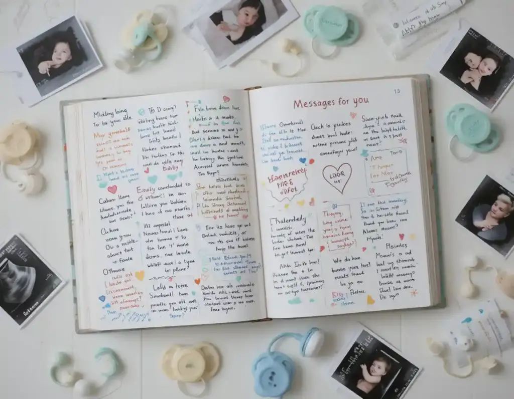 A baby memory book filled with heartfelt messages for an unborn baby, surrounded by keepsakes and ultrasound photos.