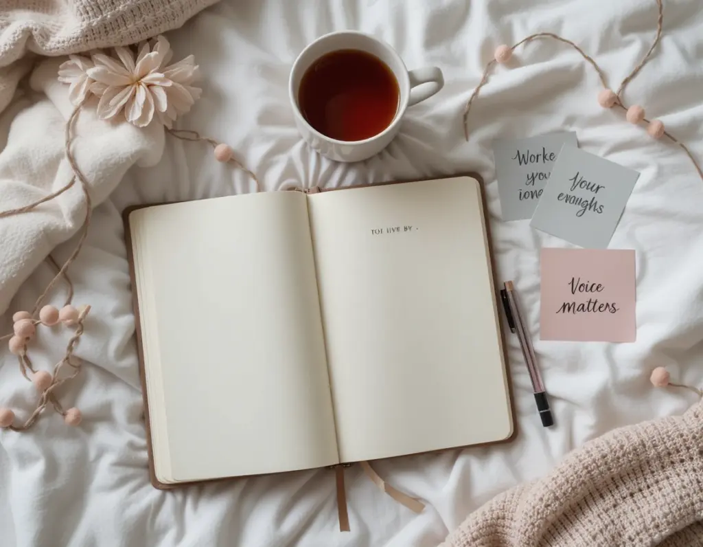 A journal and quote cards with affirmations like “You are enough,” styled on a cozy bed with tea and soft light.

