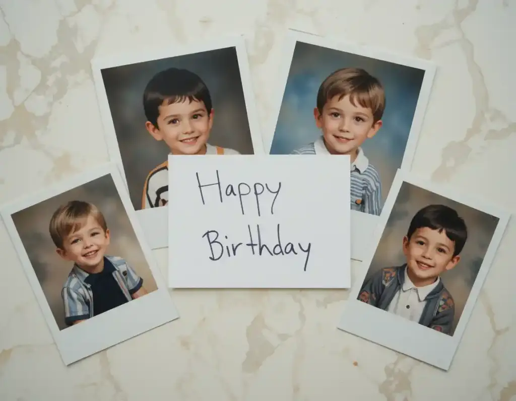 A flat lay of childhood photos and a birthday card for a brother reading “Still the best partner in crime.”