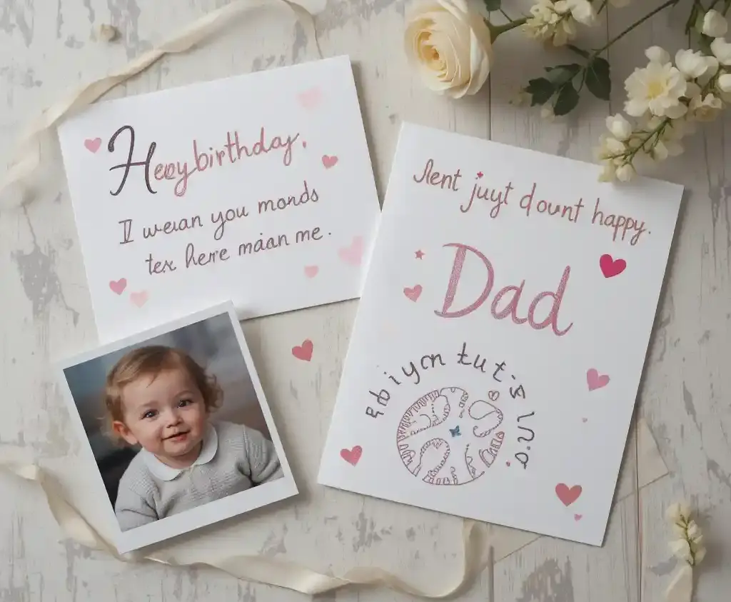 A flat lay of birthday cards from mom and dad with a baby photo of their daughter beside them.