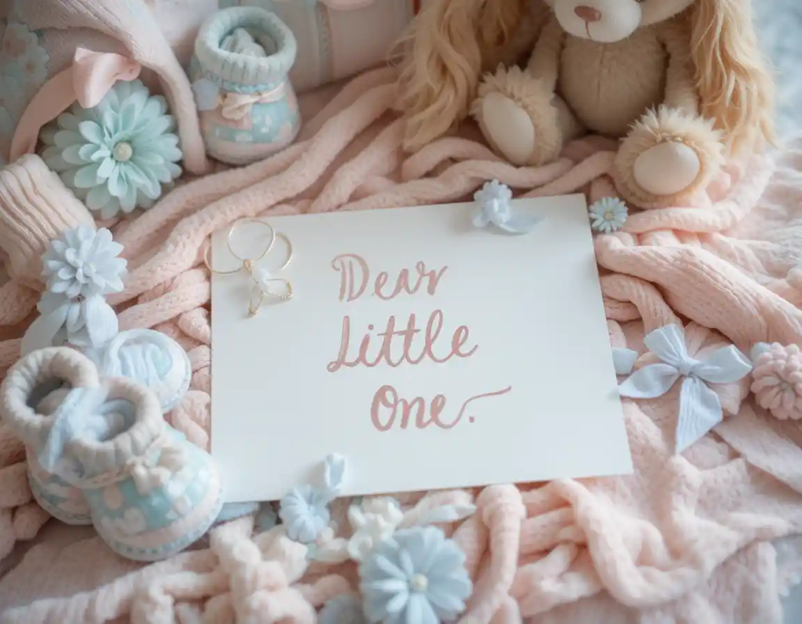A baby shower table with a letter addressed “Dear Little One,” surrounded by baby gifts and soft pastels.