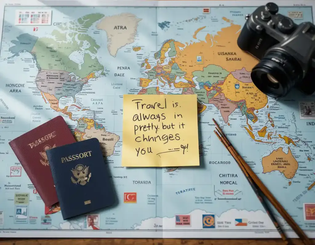 A travel-themed flat lay featuring Anthony Bourdain’s quote “Travel isn’t always pretty… but it changes you” with maps and cultural props.