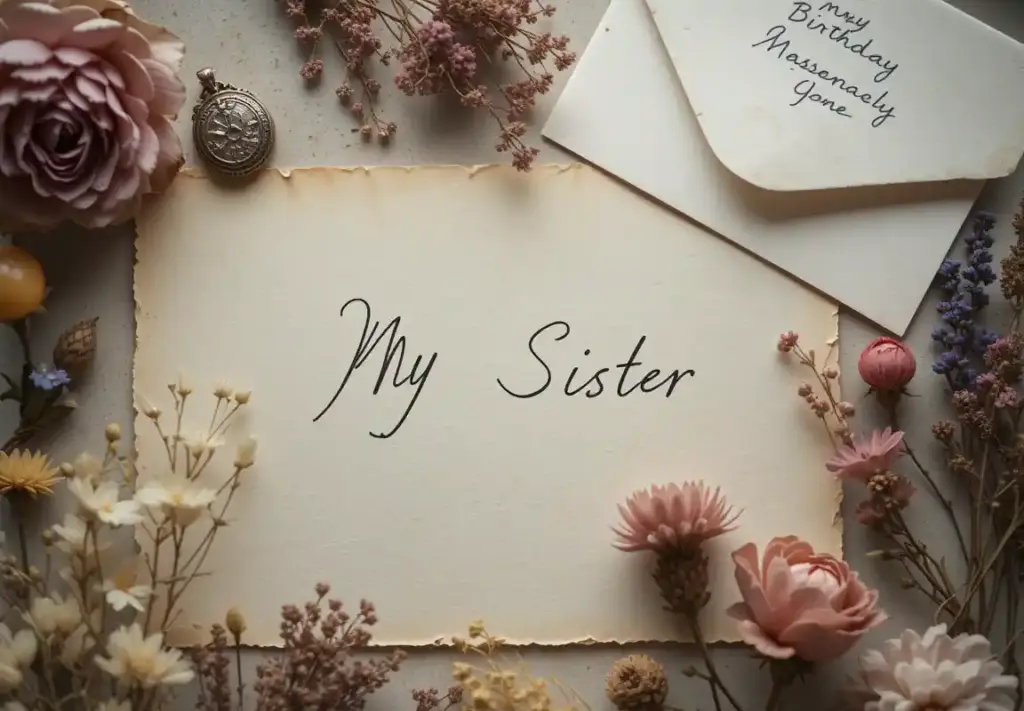 A flat lay of a heartfelt birthday note to a sister with dried flowers and a vintage locket nearby.