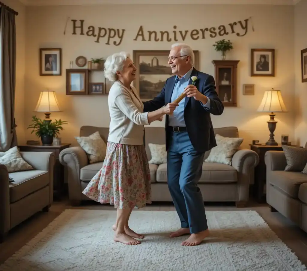 An elderly couple dancing in their living room on their anniversary, surrounded by memories and joy.

