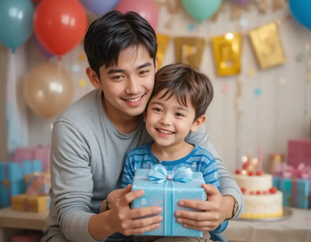 An older and younger brother hugging at a birthday party surrounded by balloons, cake, and wrapped presents.