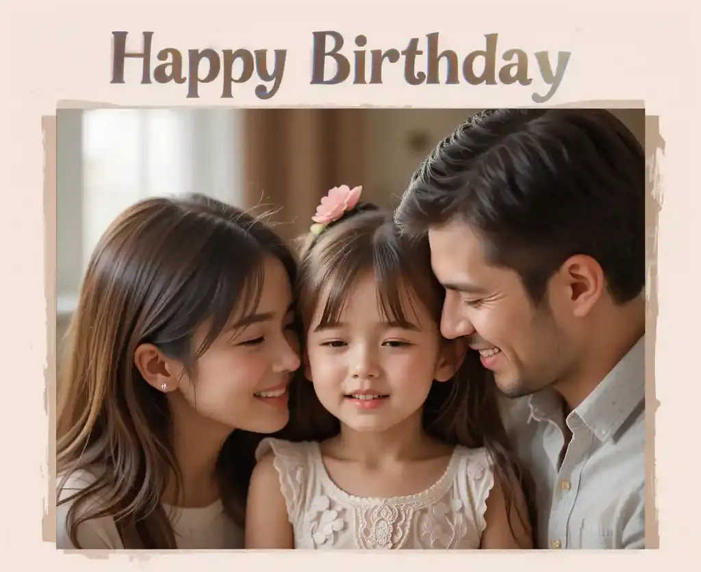 A mother hugging her daughter while giving her a birthday card in a cozy living room with soft decorations.
