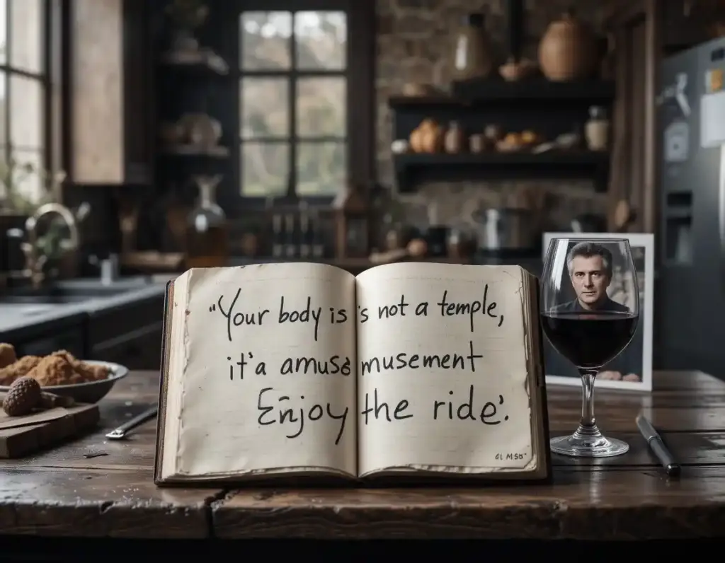 A moody kitchen scene with Anthony Bourdain’s quote “Your body is not a temple… enjoy the ride” written in a journal beside wine and photos.