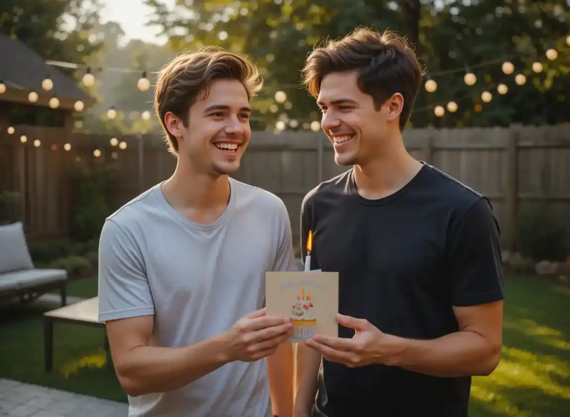 Two brothers sharing a laugh in the backyard during a brother happy birthday moment, one holding the cupcake.