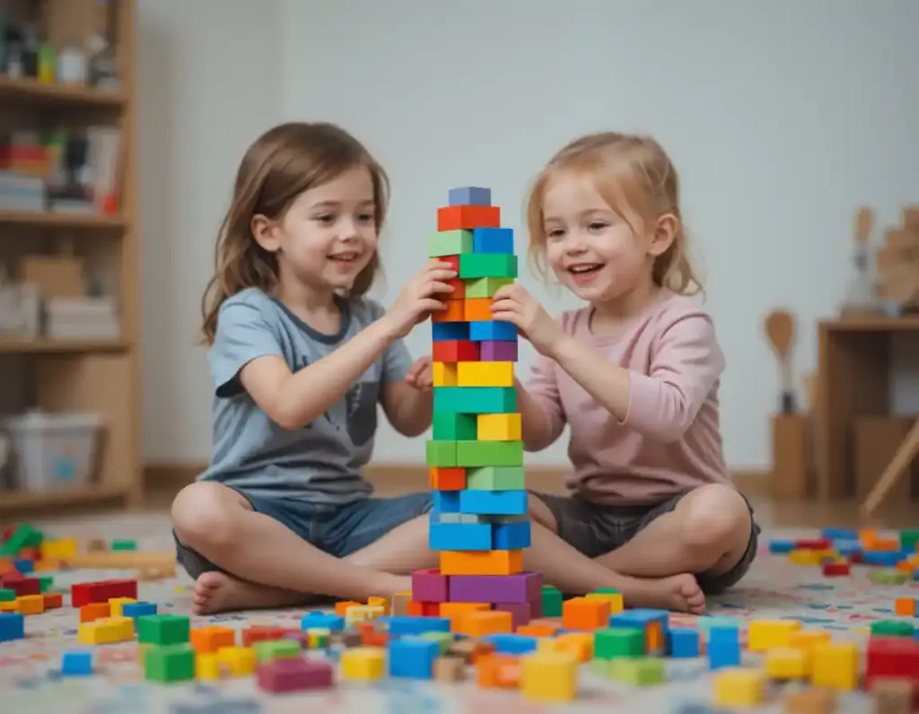 Two kids building a block tower together on the floor, surrounded by toys and smiles.