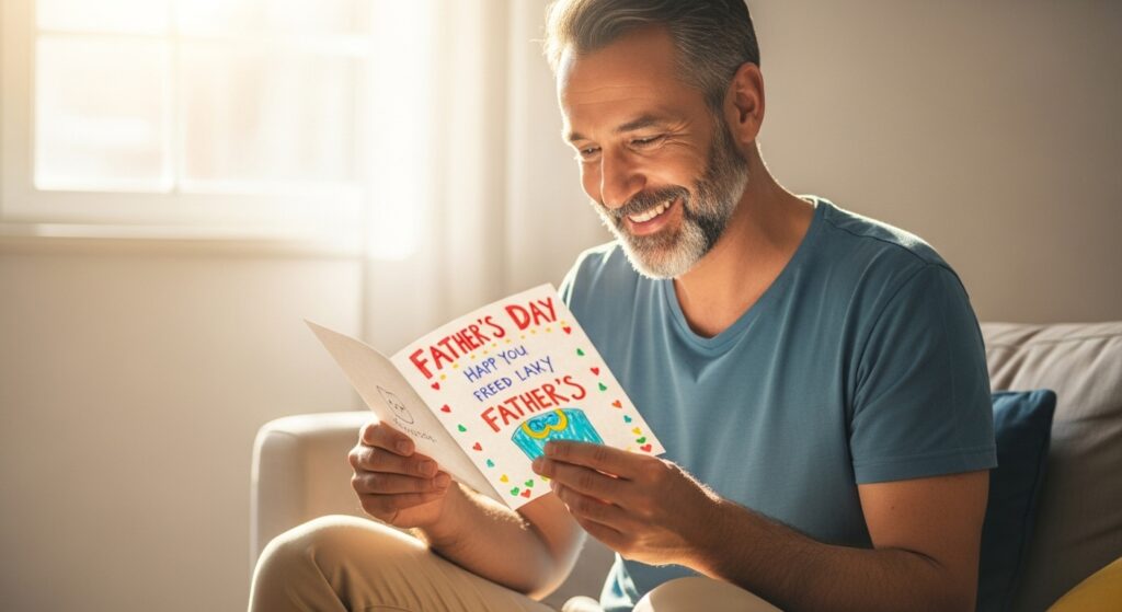 dad reading heartfelt Father’s Day card with joy