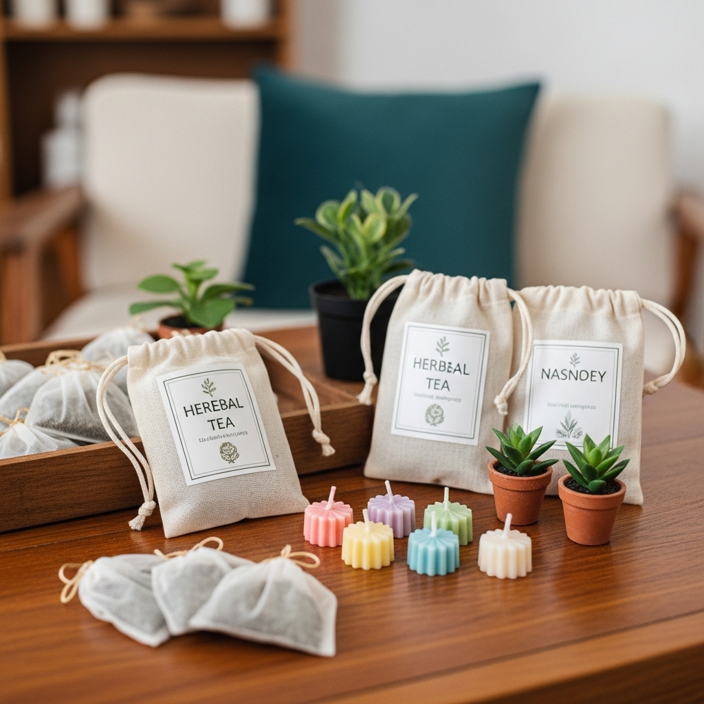 Small housewarming return gifts including herbal tea bags, mini candles, and tiny potted plants arranged on a wooden table."