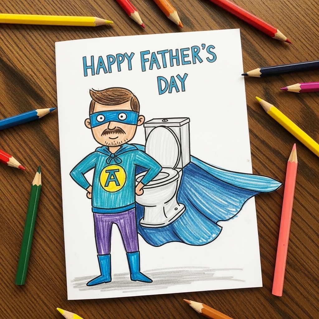 Funny Father's Day card with child’s drawing of dad as a superhero wearing a toilet for a cape, surrounded by crayons and pencils on a wooden table.