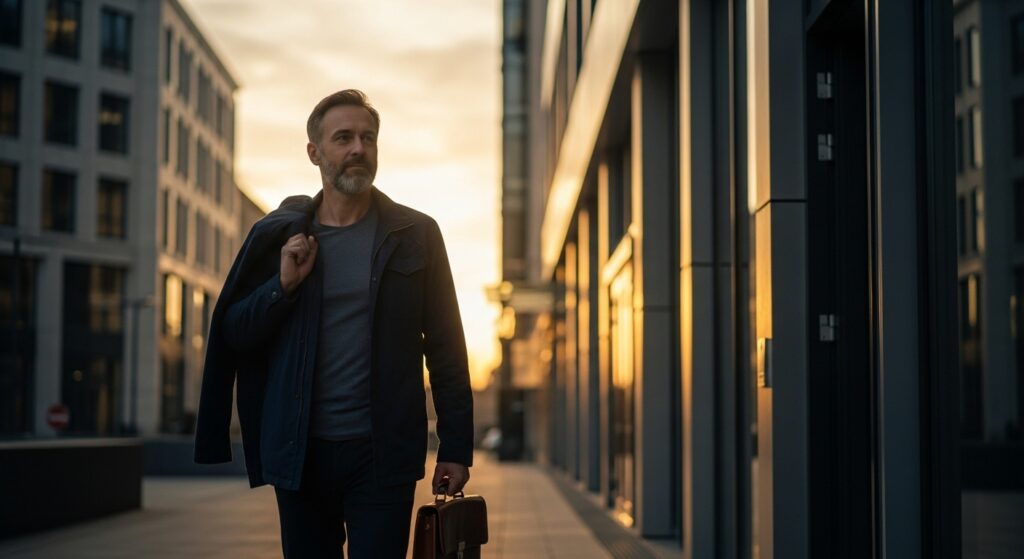 Man in front of office on last day of work before scheduled retirement.

