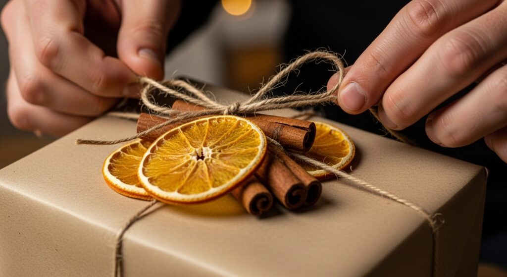  Rustic Christmas gift wrap with dried orange and natural elements.