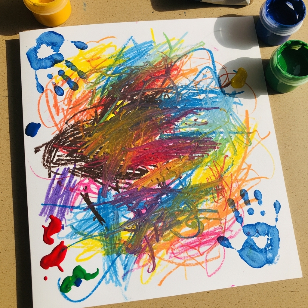 Toddler-made Father's Day card with scribbles, paint splashes, and tiny handprints, surrounded by paint pots on a table.