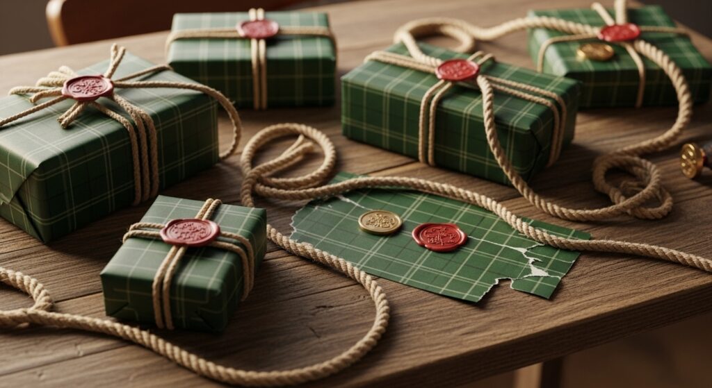  Dark academia style vintage wrapping paper on a rustic table.