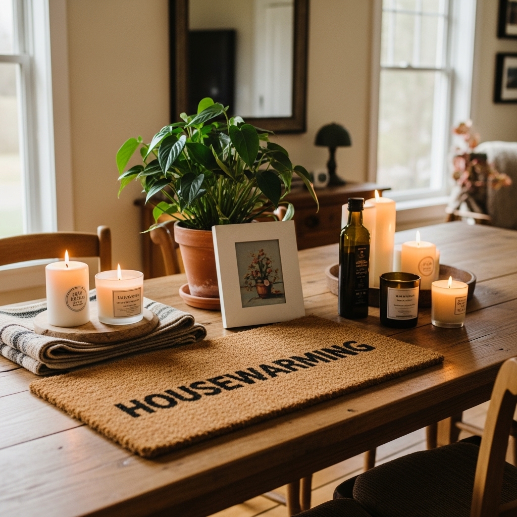 An assortment of various housewarming gifts on a table made of rustic wood