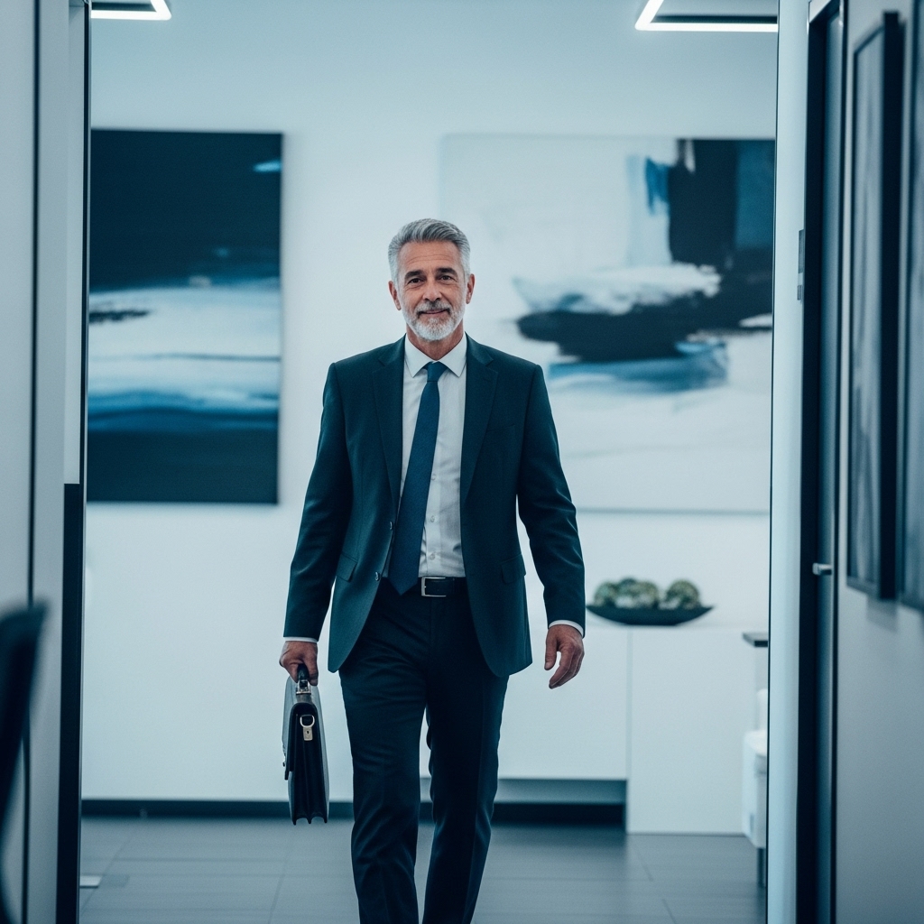 leader leaving office after long work day