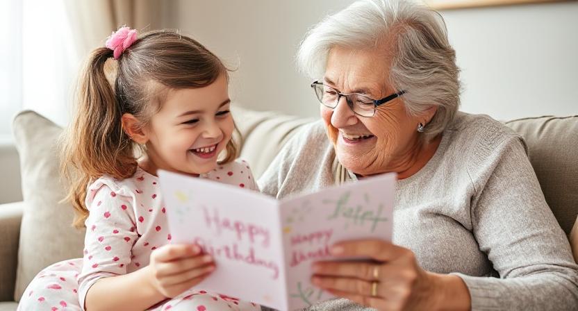 A young woman who is reading birthday card is holding the card with one hand and smiling with the other.