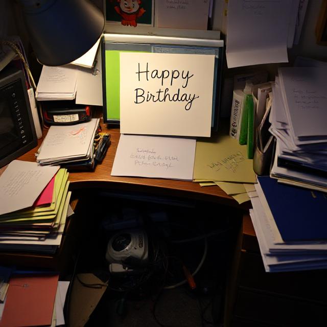 Coworker birthday card on cluttered office desk.