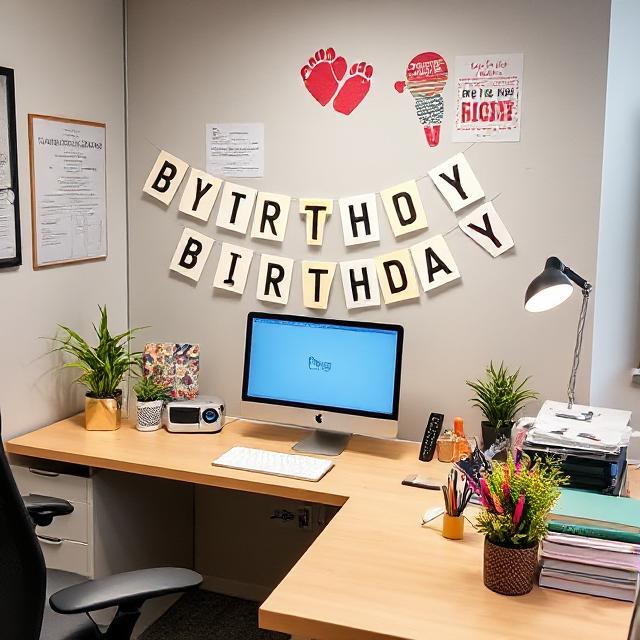 Coworker desk with custom birthday decorations.