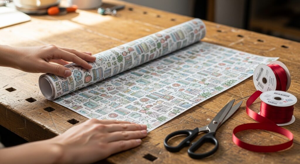 Custom illustrated wrapping paper being prepared for gift wrapping.