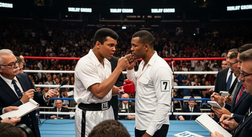 Muhammad Ali joking and taunting before a boxing match