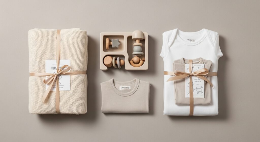 Minimalist and modern baby gifts laid out for a baby shower