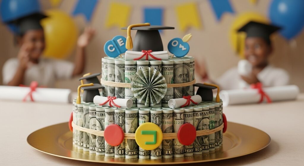 Graduation money gift idea shaped like a cake