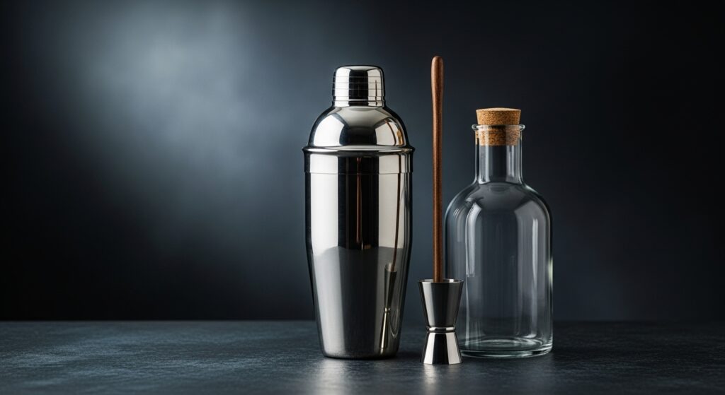 chic cocktail kit with shaker, stirrer, and mixer bottle
