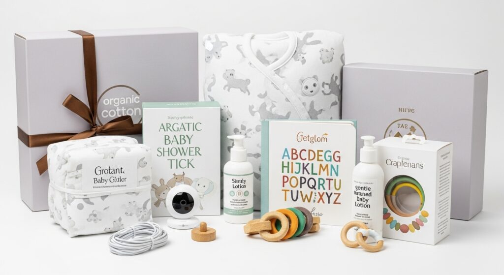 A curated baby shower gift box with creative and themed items