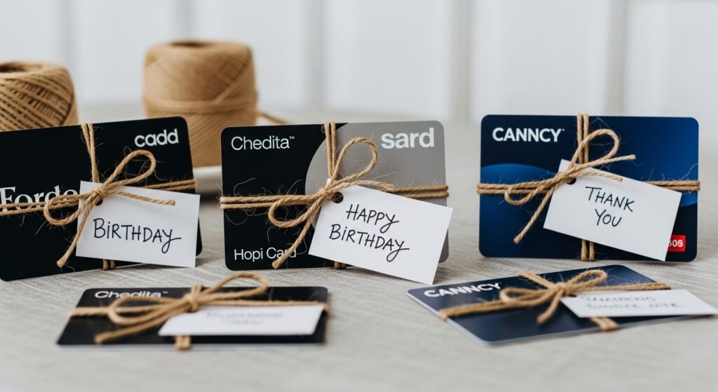 various gift cards wrapped with twine and note attached