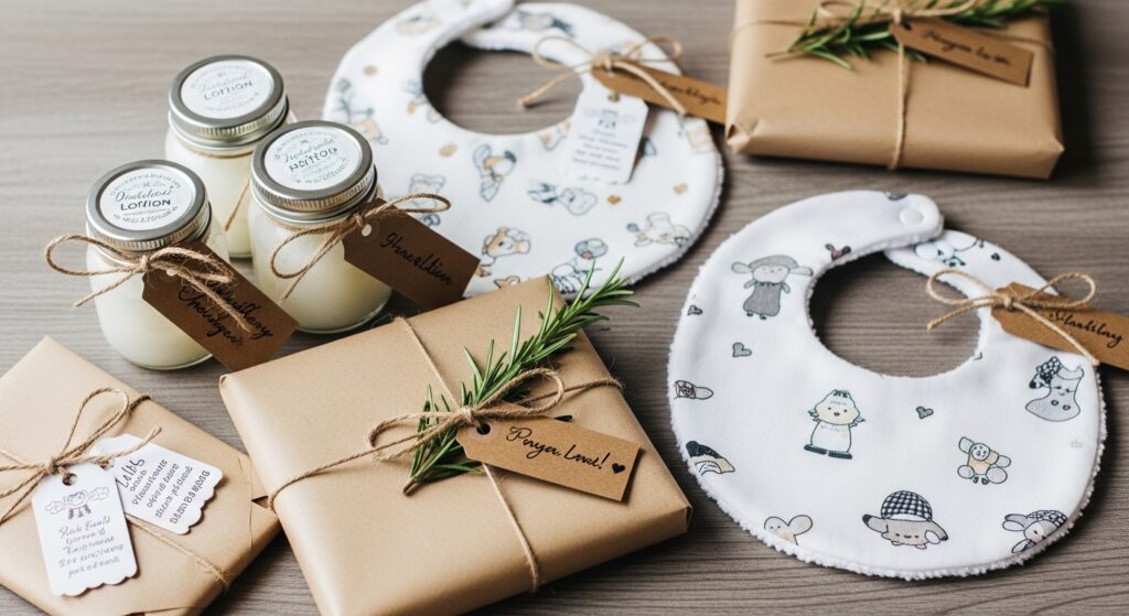 ALT: DIY baby shower gifts like handmade lotions and bibs, wrapped in kraft paper.