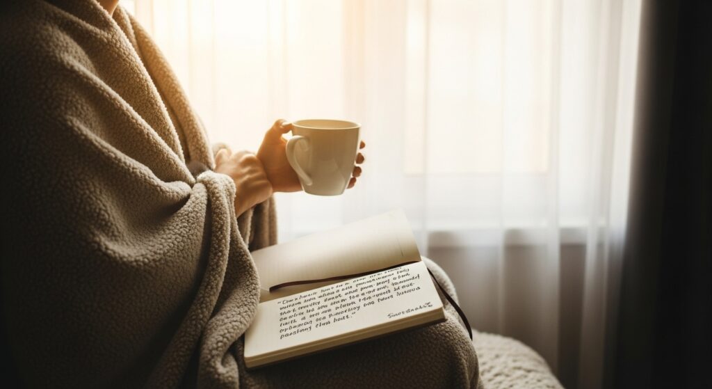 Quiet mental health moment inspired by Taylor Swift lyrics with sunlight, journaling, and self-care atmosphere

