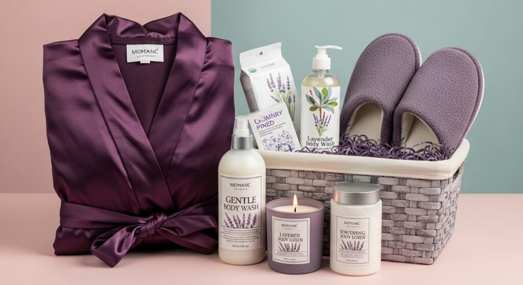 Baby shower gifts meant for the mom-to-be, including robe and wellness items