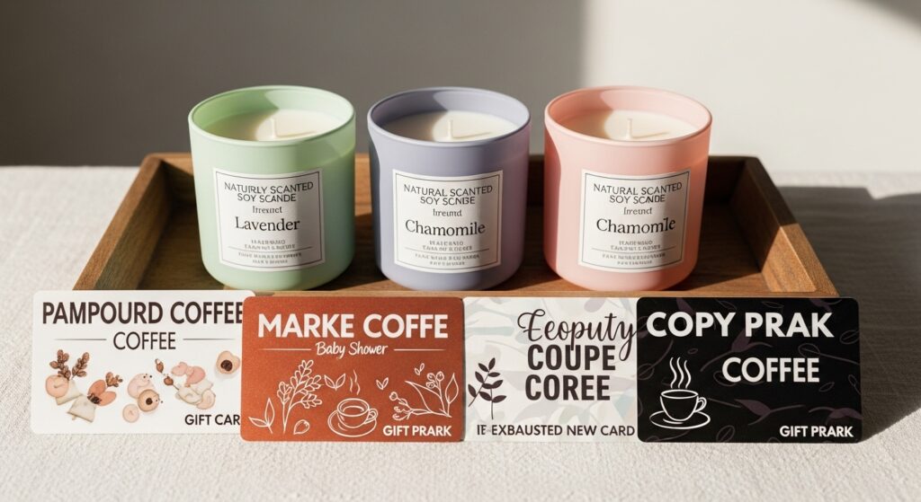 Practical baby shower thank you gift ideas like candles and coffee cards