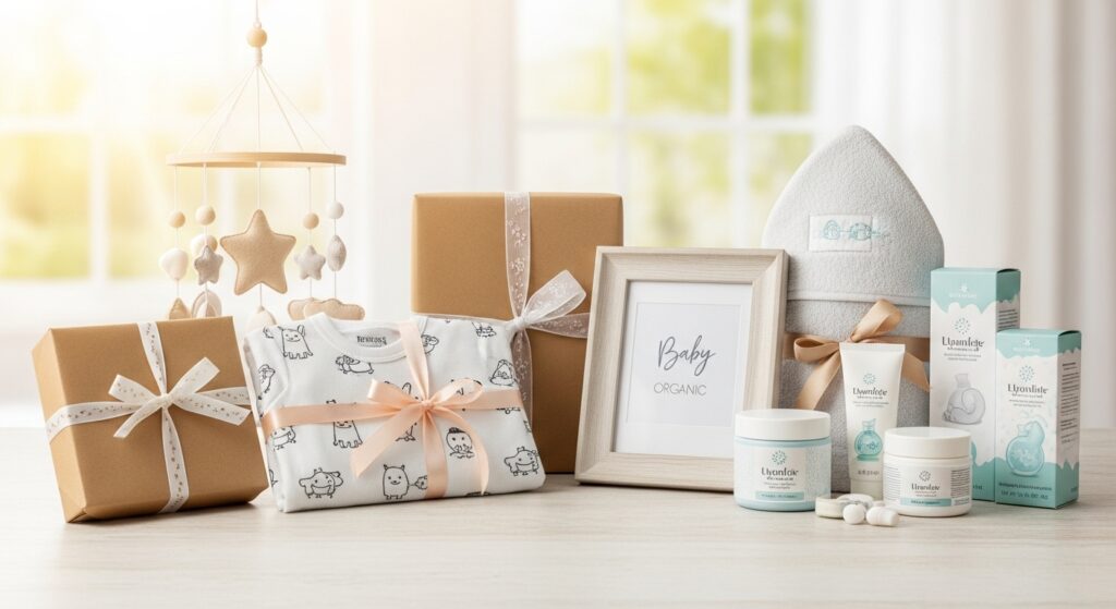 Creative affordable baby shower gift ideas neatly packaged on a table