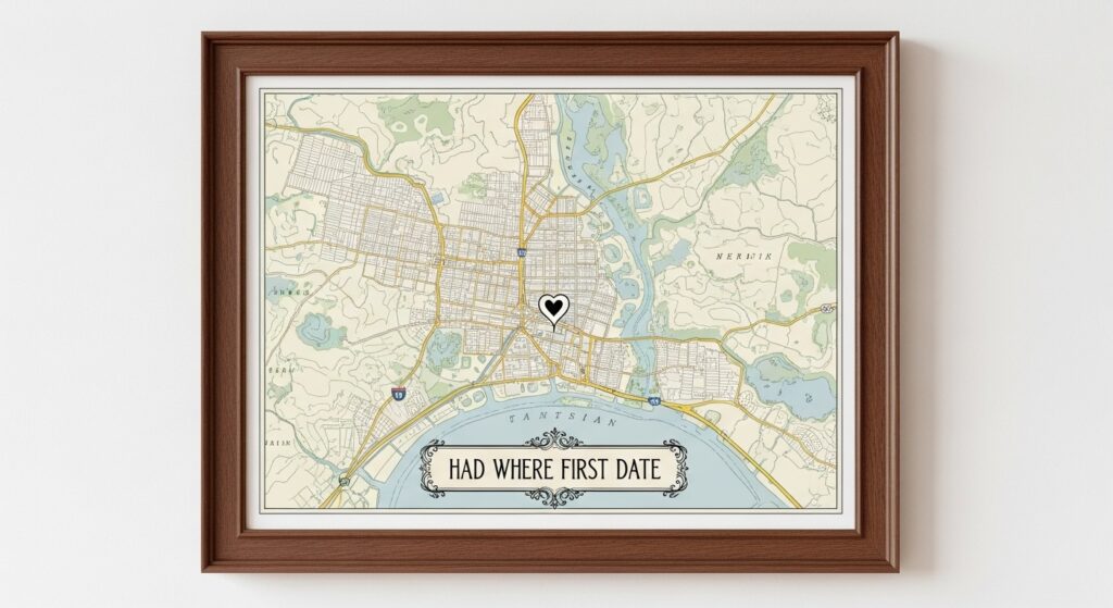 framed custom map of couple’s first date location