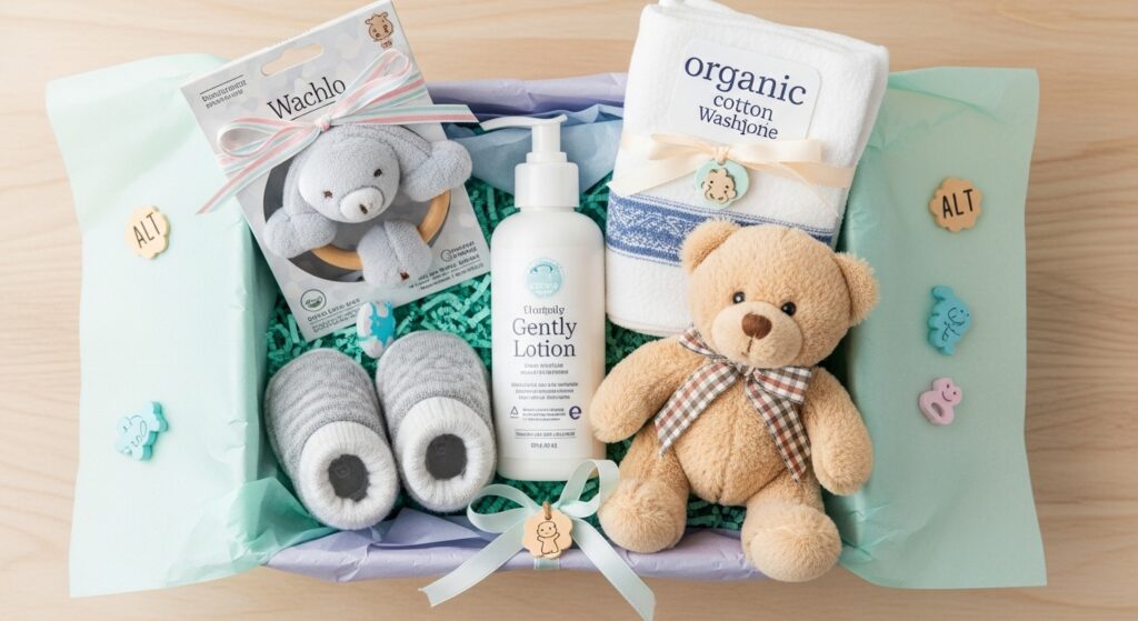 Affordable baby shower gifts under $25 arranged in a cute gift basket