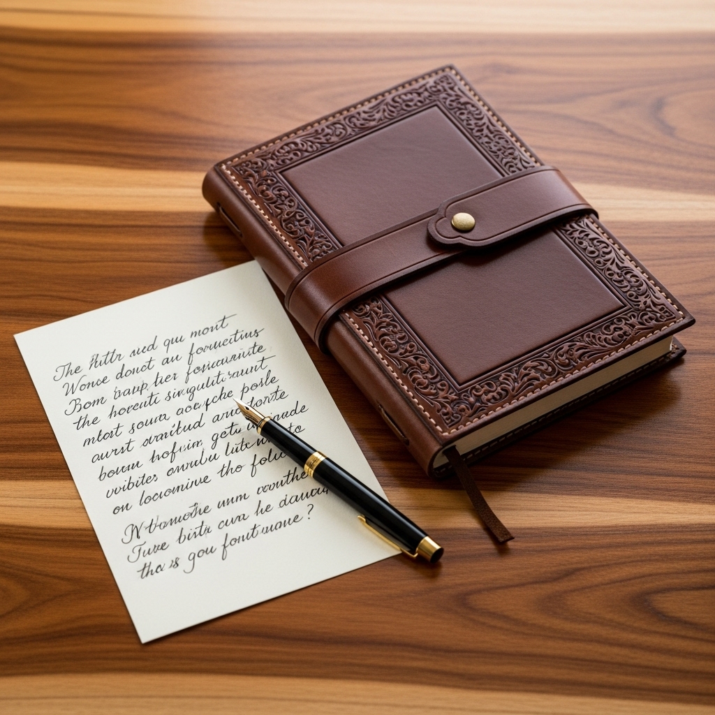 A custom leather journal sitting on a wooden table next to a handwritten note]
