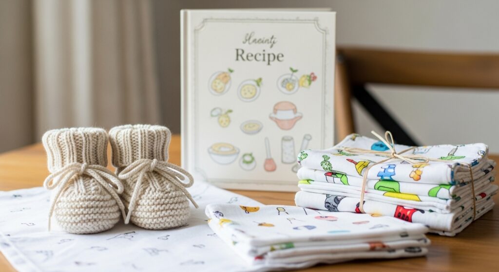 DIY baby shower gifts like booties, recipe books, and burp cloths