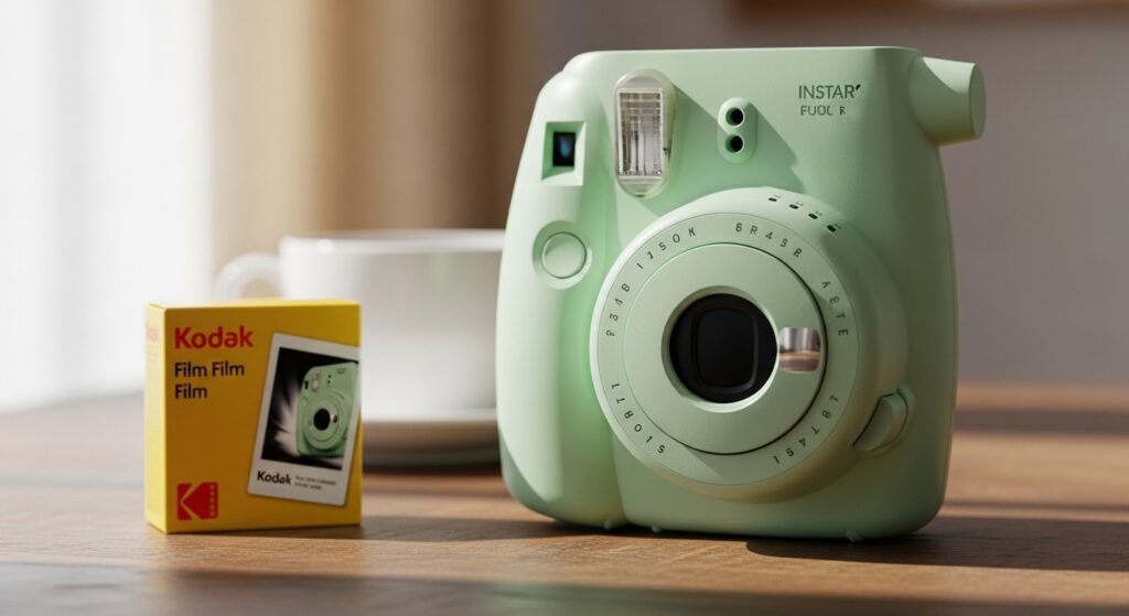 pastel instant camera and a pack of film on table