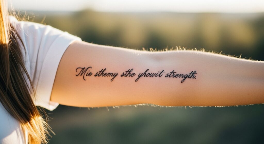 Female tattoo quote about strength on arm